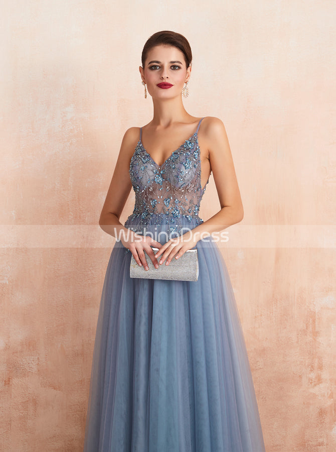 Illusion Prom Dress with Slit,Dusty Blue Evening Dress,PD00459 - Wishingdress Illusion Prom Dress with Slit,Dusty Blue Evening Dress,PD00459 - Wishingdress