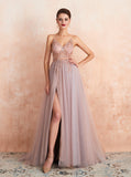 Illusion Prom Dress with Slit,Dusty Blue Evening Dress,PD00459