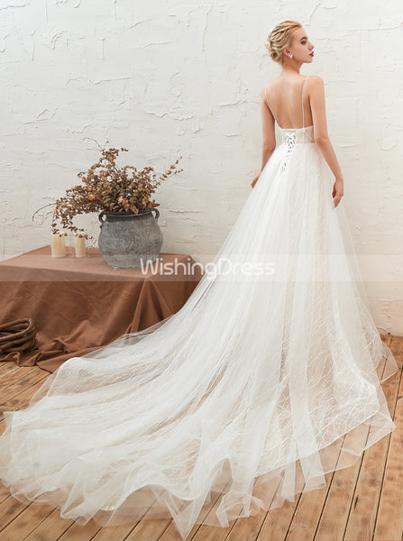 Illusion Wedding Dress with Lace Up Back,Destination Wedding Dress,WD00479