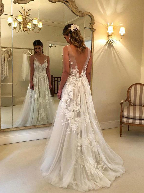 wedding dresses with the back open Oceania line silhouette Mermaid V-neck Open Back Lace