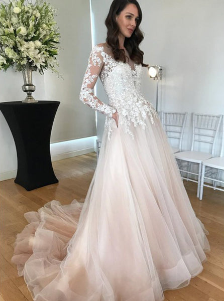 Illusion Wedding Dresses with Sleeves,Princess Floral Bridal Dress,WD00353