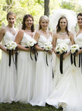 Ivory Bridesmaid Dress,Long Chiffon Bridesmaid Dress with Sash,Strappy Bridesmaid Dress,BD00065