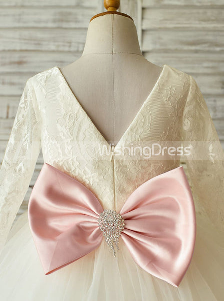 Ivory Flower Girl Dresses,Ball Gown Tulle Flower Girl Dress,Flower Girl Dress with Sleeves,FD00001