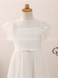 Ivory Flower Girl Dresses,Lace Junior Bridesmaid Dress with Cap Sleeves,FD00055