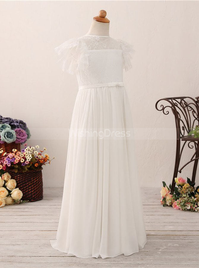 Ivory Flower Girl Dresses,Lace Junior Bridesmaid Dress with Cap Sleeve