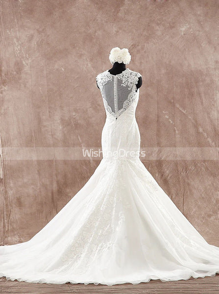 Ivory Mermaid Wedding Dress with Sheer Back,Lace Bridal Gown,WD00586