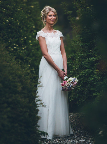 Ivory Wedding Dress,Boho Wedding Dress,Lace Bridal Dress,Cap Sleeves Bridal Dress,WD00138
