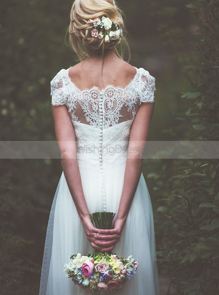 Ivory Wedding Dress,Boho Wedding Dress,Lace Bridal Dress,Cap Sleeves Bridal Dress,WD00138
