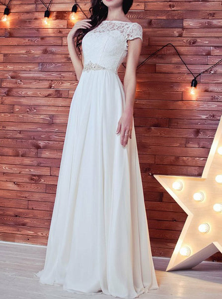 Ivory Wedding Dress with Short Sleeves,Chiffon Elegant Bridal Dress,WD00373