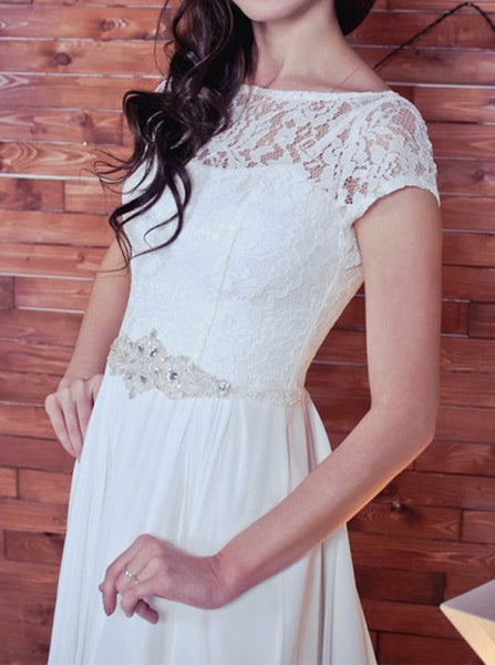 Ivory Wedding Dress with Short Sleeves,Chiffon Elegant Bridal Dress,WD00373