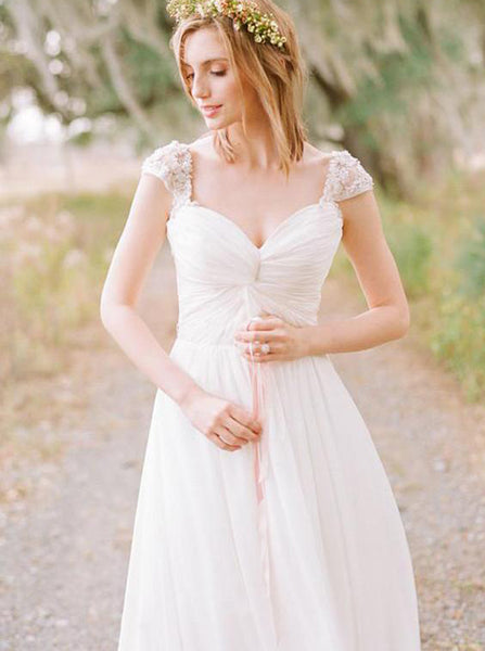 Ivory Wedding Dresses,Boho Wedding Dress,Chiffon Wedding Dress,Bridal Dress with Cap Sleeves,WD00198