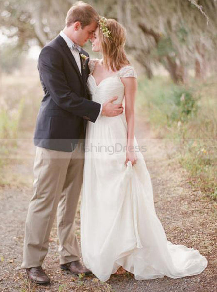 Ivory Wedding Dresses,Boho Wedding Dress,Chiffon Wedding Dress,Bridal Dress with Cap Sleeves,WD00198