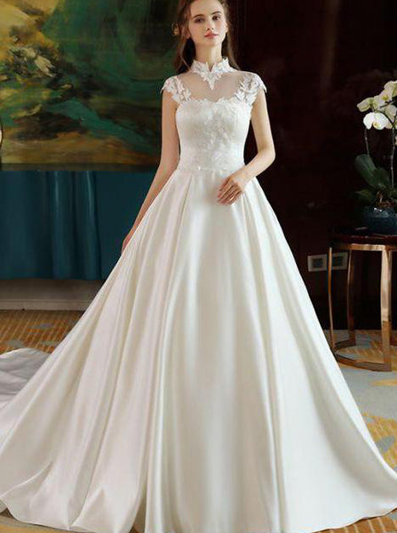 Ivory Wedding Dresses,High Neck Wedding Dress,Satin Wedding Dress,Modest Bridal Gown,WD00135