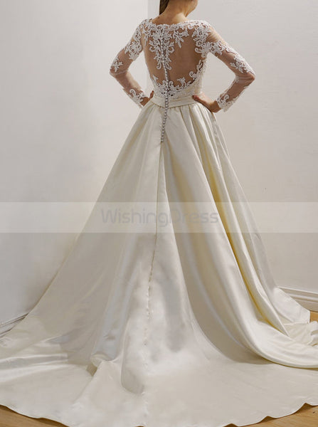 Ivory Wedding Dresses,Satin Wedding Dress,Wedding Dress with Sleeves,Classic Bridal Dress,WD00086