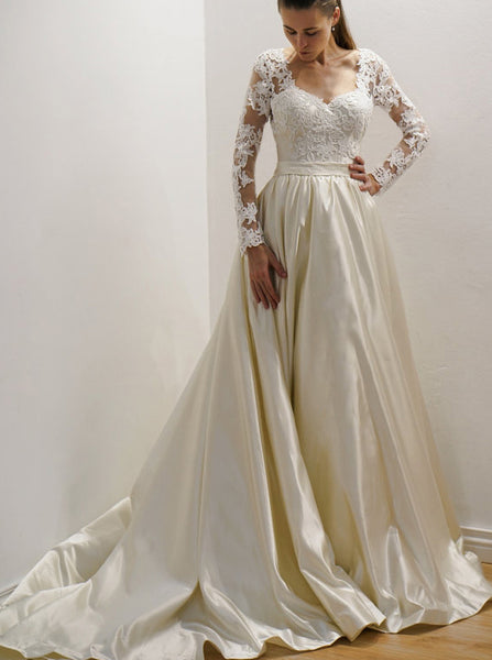 Ivory Wedding Dresses,Satin Wedding Dress,Wedding Dress with Sleeves,Classic Bridal Dress,WD00086