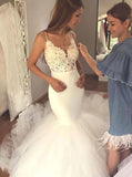 Ivory Wedding Dresses with Straps,Mermaid Bridal Gown with Long Train,WD00338
