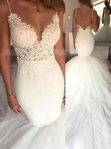 Ivory Wedding Dresses with Straps,Mermaid Bridal Gown with Long Train,WD00338