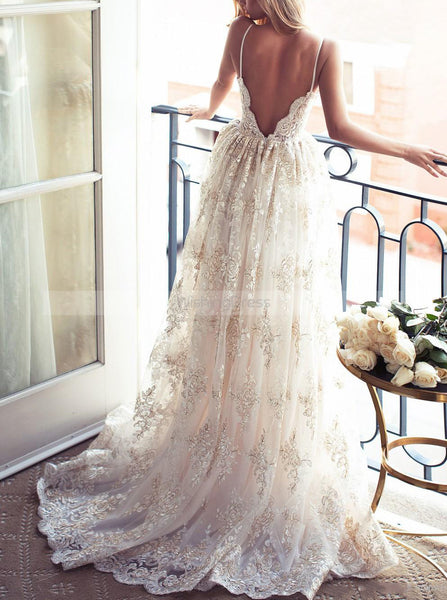Ivory Wedding Gown,Lace Wedding Dresses,Spaghetti Straps Bridal Dress,WD00071