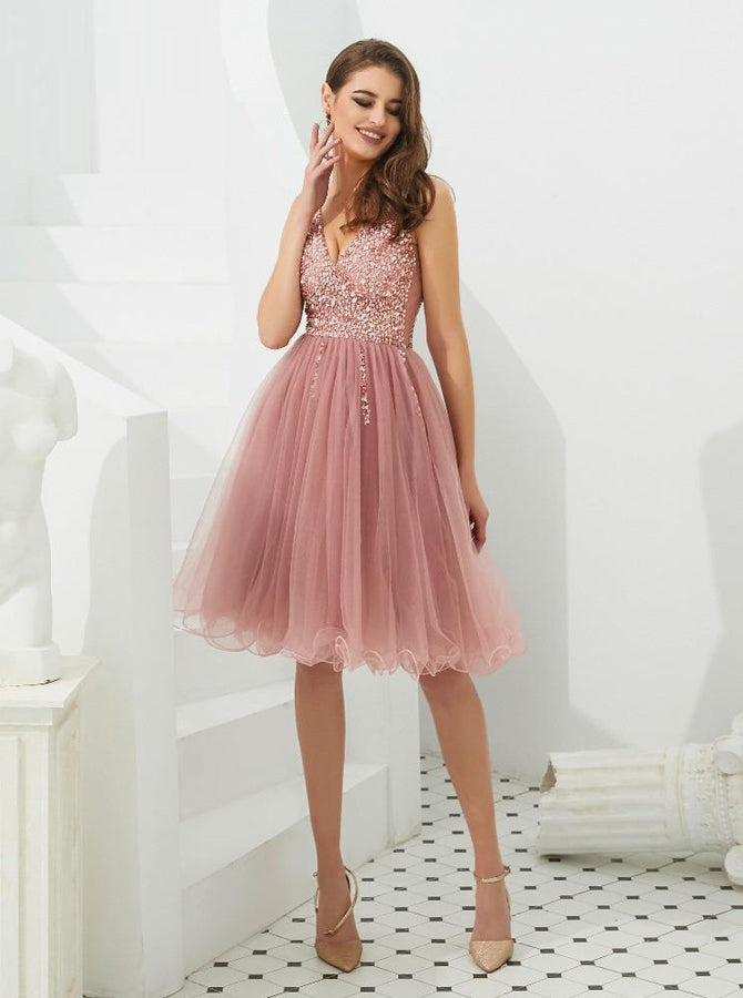 Dusty Pink Homecoming Dresses,Tulle Homecoming Dress,Knee Length Prom