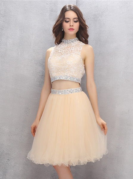 Knee Length Homecoming Dresses,Two Piece Homecoming Dress,High Neck Ho