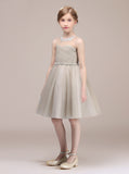 Knee Length Junior Bridesmaid Dress,White Tulle Flower Girl Dress,JB00023