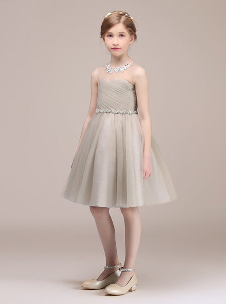 Knee Length Junior Bridesmaid Dress,White Tulle Flower Girl Dress,JB00023