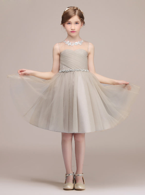 Knee Length Junior Bridesmaid Dress,White Tulle Flower Girl Dress,JB00