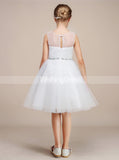 Knee Length Junior Bridesmaid Dress,White Tulle Flower Girl Dress,JB00023