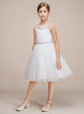 Knee Length Junior Bridesmaid Dress,White Tulle Flower Girl Dress,JB00023