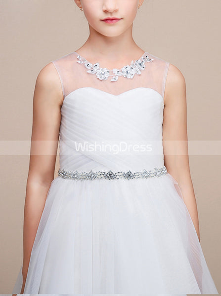 Knee Length Junior Bridesmaid Dress,White Tulle Flower Girl Dress,JB00023