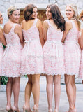 Lace Bridesmaid Dress with Sash,Short Knee Length Bridesmaid Dress,BD00123