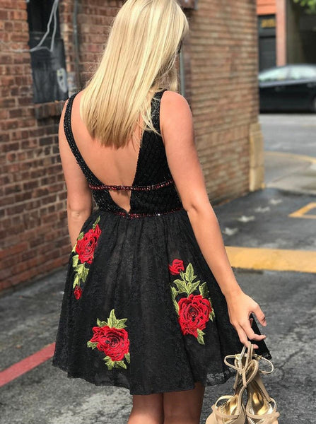 Lace Cocktail Dresses,Black Cocktail Dress,V Neck Cocktai Dress,Backless Cocktail Dress,CD00034