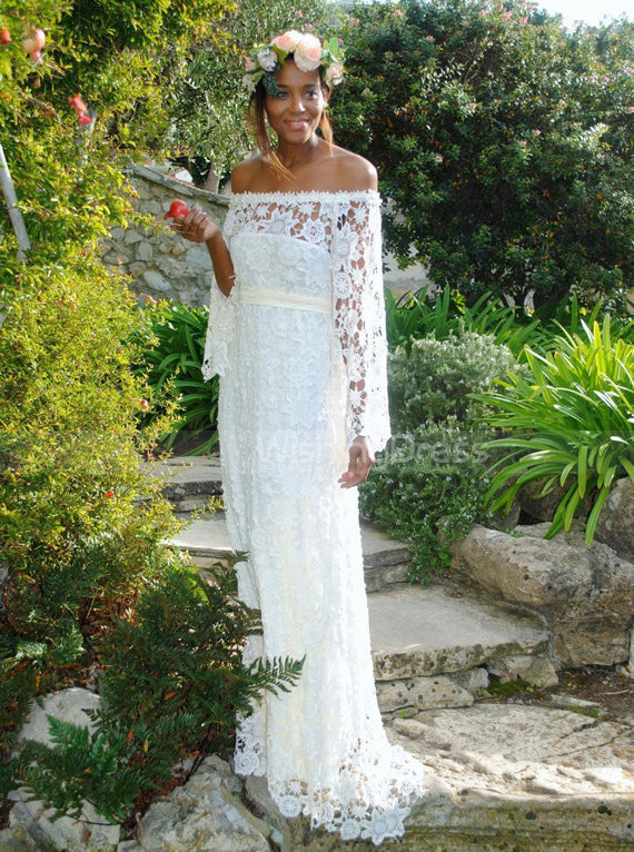 Lace Garden Wedding Dress with Sleeves,Off the Shoulder Long Bridal Dr