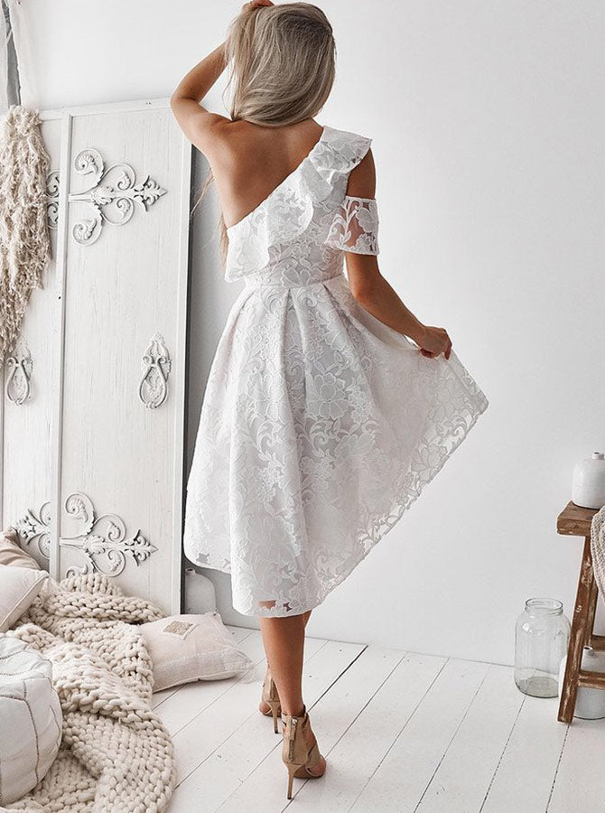 white one shoulder homecoming dress Cute A Line One Shoulder Homecoming Dress With Lace, PH429