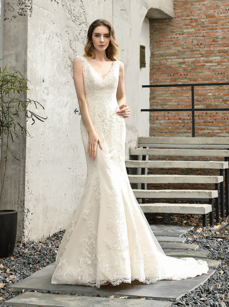 Lace Mermaid Wedding Dress with Cutout Back,Fitted Bridal Gown,WD00490