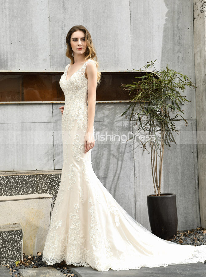 Lace Mermaid Wedding Dresses with Long Sleeves,Chic Bridal Dress