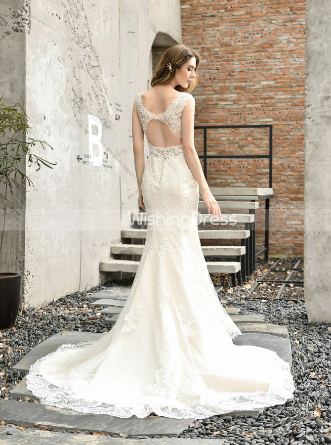 Lace Mermaid Wedding Dress with Cutout Back,Fitted Bridal Gown,WD00490 - Wishingdress Lace Mermaid Wedding Dress with Cutout Back,Fitted Bridal Gown,WD00490 - Wishingdress
