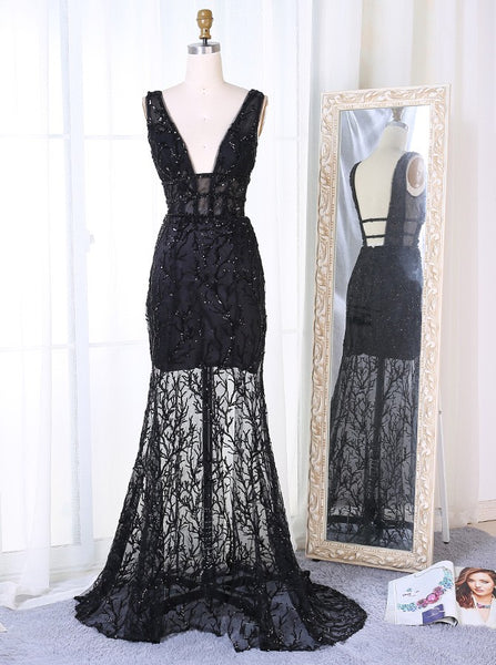 Lace Prom Dress,Black Prom Dress,Mermaid Prom Dress,Backless Prom Dress,PD00227
