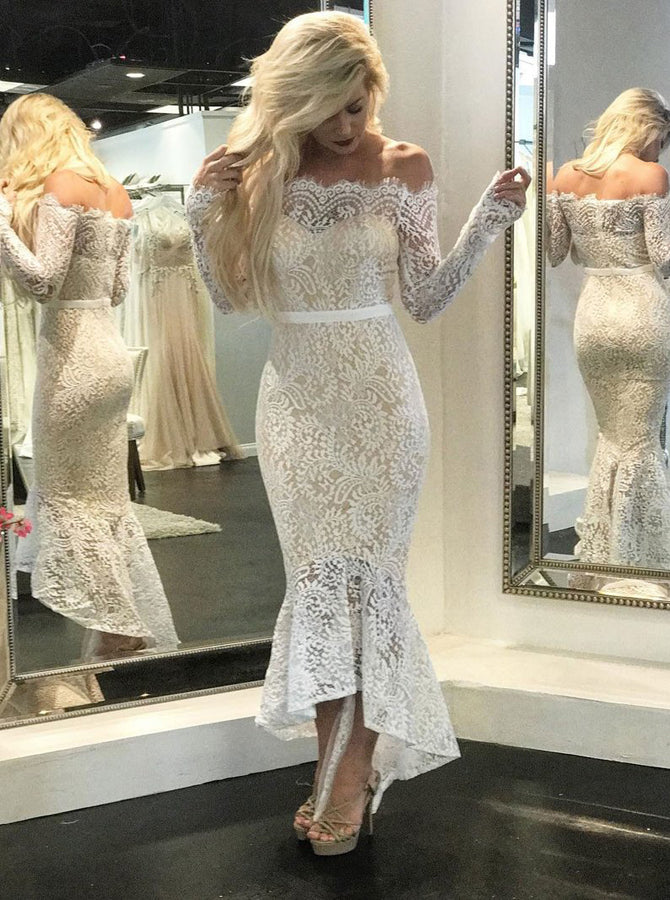 Lace Reception Wedding Dresses with Sleeves,Mermaid High Low Wedding D