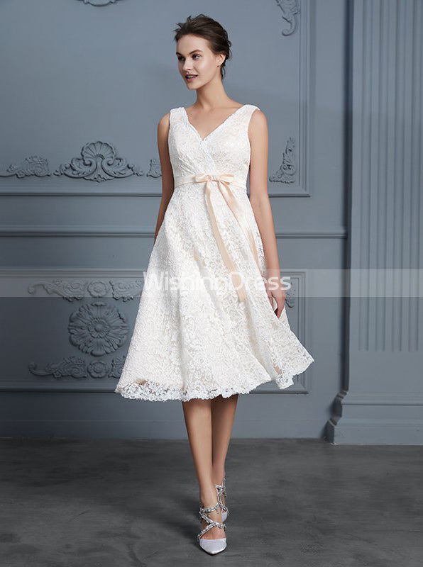 Lace Short Wedding Dresses,Reception Dresses,Beach Wedding Dress,WD00308 US4 / Champagne