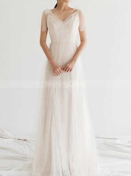 Lace Tulle Wedding Dresses,Long Destination Wedding Dress,WD00369