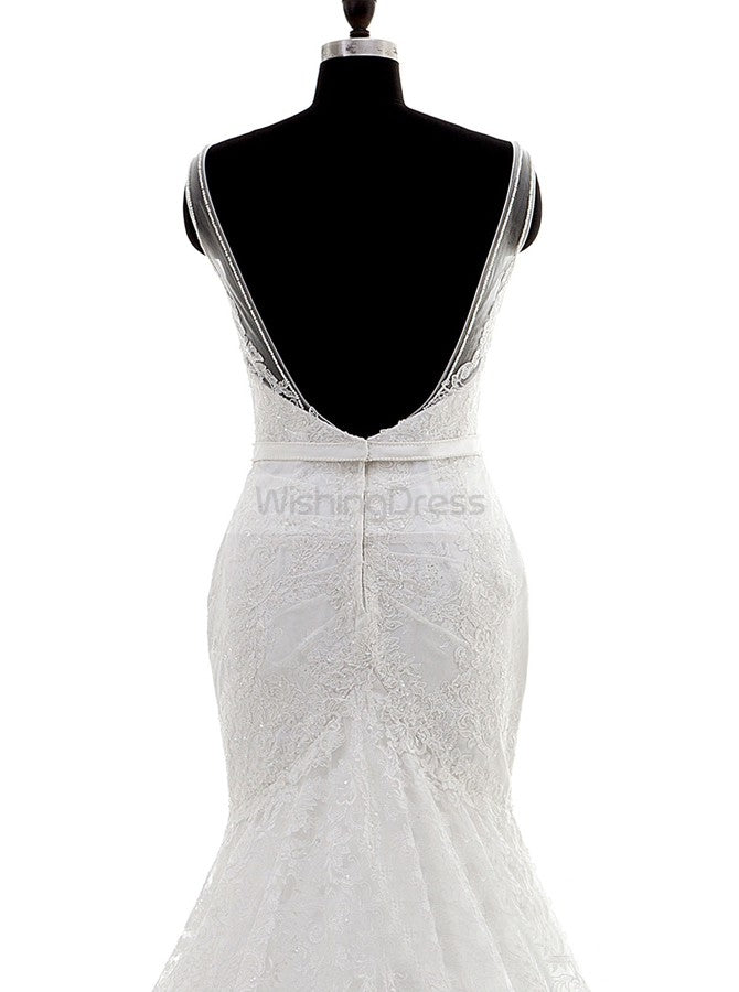 grey mermaid wedding dress Mermaid Bateau Chapel Train Lace Tulle Wedding Dress COCOMELODY CW3146, 45 Days / As Picture:Ivory/Nude / US2-UK4-EUR32 main image 0