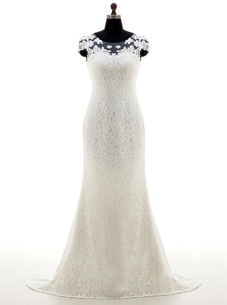 Lace Wedding Dress,Wedding Dress with Cap Sleeves,White Bridal Dress,Romantic Wedding Dress,WD00008