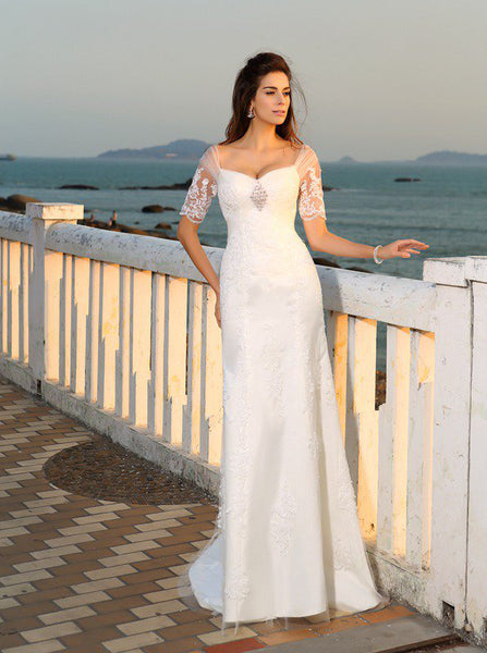 Lace Wedding Dress with Sleeves,Beach Wedding Dress,Off the Shoulder Bridal Dress,WD00274