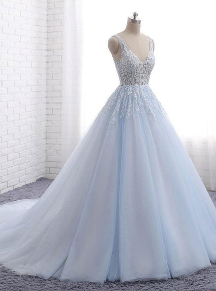 Light Blue Bridal Dress,Princess Wedding Dresses,Classic Bridal Dress,Backless Bridal Dress,WD00233