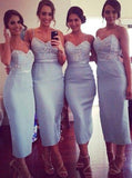Light Blue Bridesmaid Dress,Spaghetti Straps Bridesmaid Dress,Tea Length Bridesmaid Dress,BD00017