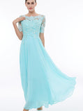 Light Blue Prom Dress,Prom Dress with Short Sleeves,Lace Chiffon Bridesmaid Dress PD00188