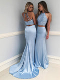 Light Blue Two Piece Prom Dress,Mermaid Long Prom Dress,Elastic Satin Beaded Prom Dress PD00014
