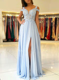 Light SkyBlue Chiffon Prom Dress,Evening Dress with Slit,Elegant Evening Dress PD00055