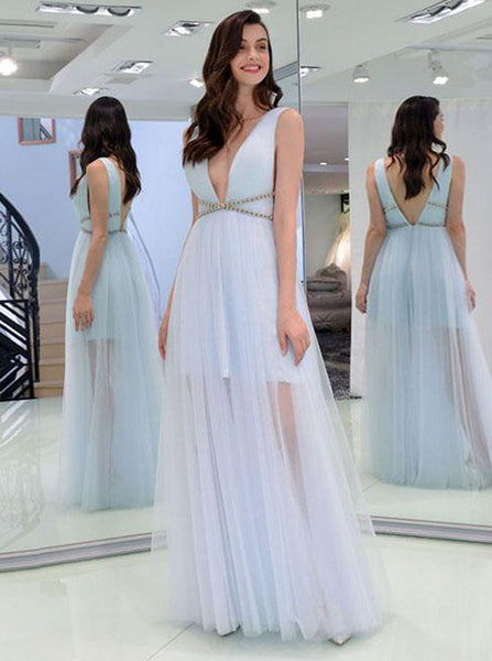 Light SkyBlue Tulle Prom Dresses,Deep V-neck Evening Dress,PD00421